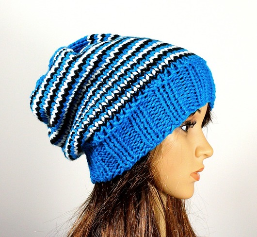 czapki damskie Czapka beanie hipster krasnal turkusowa w paseczki