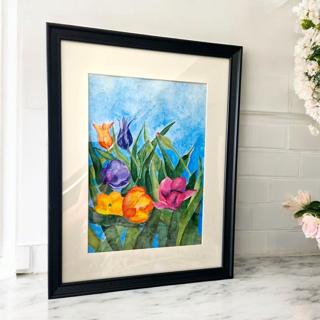 grafiki i ilustracje Autorskia oryginalna akwarela kwiaty tulipany w ramie