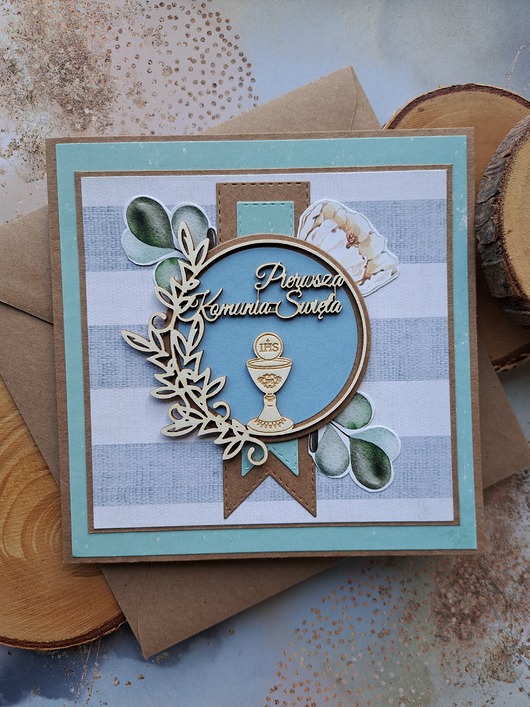 kartki scrapbooking Kartka na Komunię dla chłopca (w kopercie)