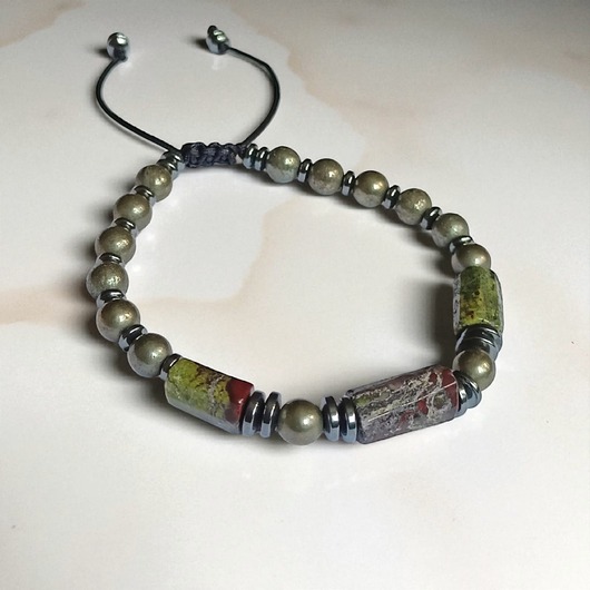 biżuteria męska PREMIUM : jaspis smocza krew i piryt : długość regulowana