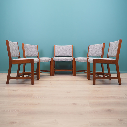 krzesła Komplet pięciu krzeseł tekowych, duński design, lata 70, produkcja: Dania