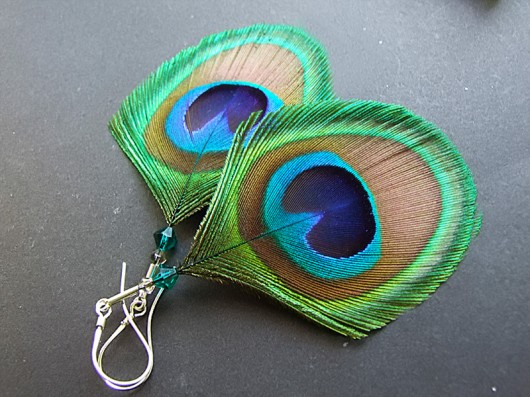 Kolczyki z piórami Pawia Duma - Emerald & Silver shade Theopanu