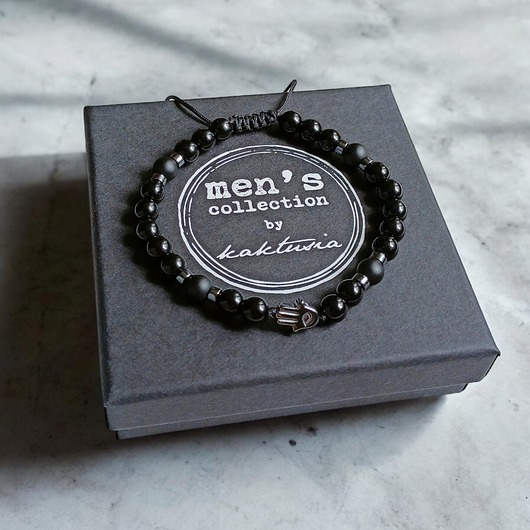 biżuteria męska HAMSA - ochrona - onyks,hematyt - bransoletka regulowana ONE SIZE