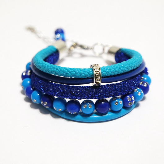 bransoletki - inne Bransoletka - Niebieska, indygo - rzemienie, koraliki