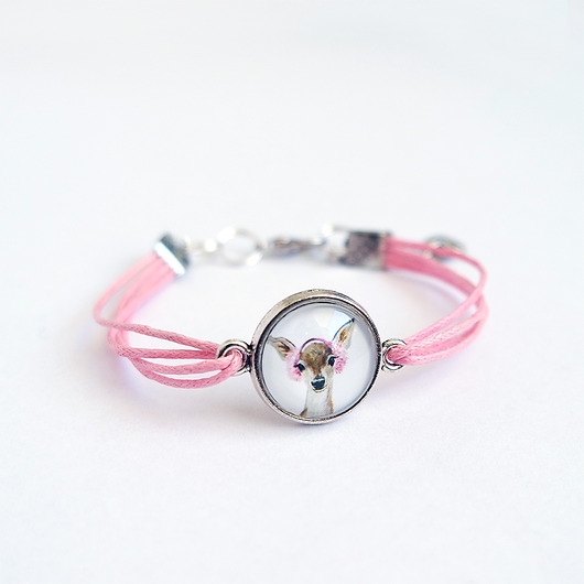 bransoletki ze szkła Bransoletka - Sarenka - różowa, sznurki