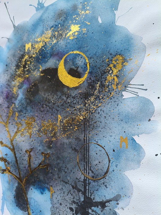 grafiki i ilustracje Abstrakcja Nocne Niebo Akwarela Złoto Księżyc Runy Ezoteryka 30x42