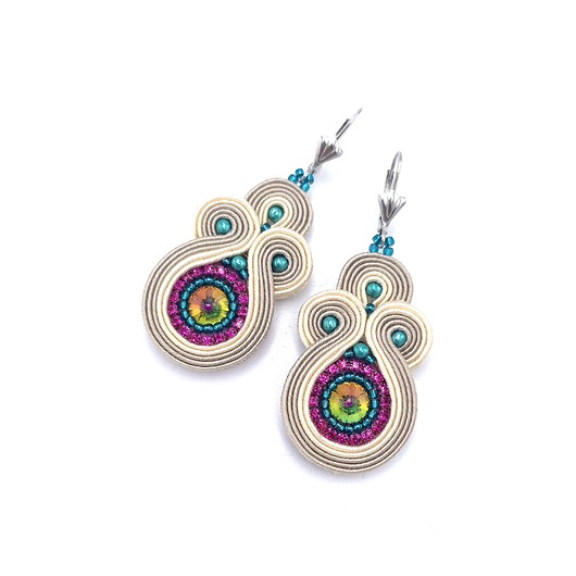 kolczyki soutache Kolczyki sutasz tęczowo beżowe z kryształkami Gracia