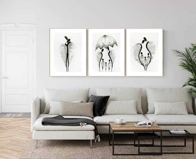 Zestaw 3 grafik  malowanych ręcznie 50 x 70 cm MiniMalArt