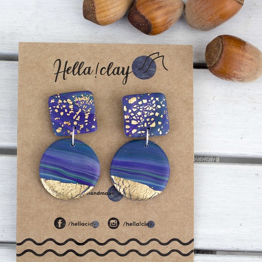 Kolczyki handmade niebieskofioletowe ze złotem Hellaclay