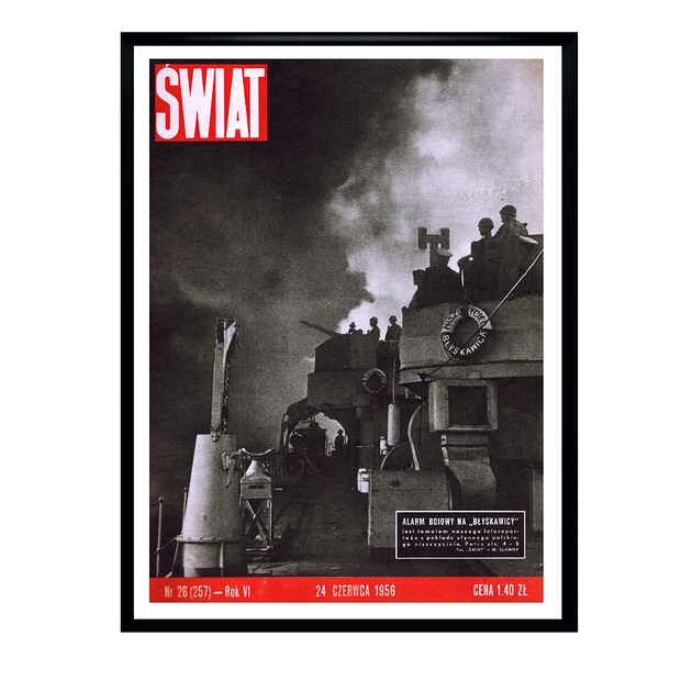 plakaty Plakat Oprawiona okładka czasopisma ŚWIAT z 1956 r ORP "Błyskawica", aut. W. ...