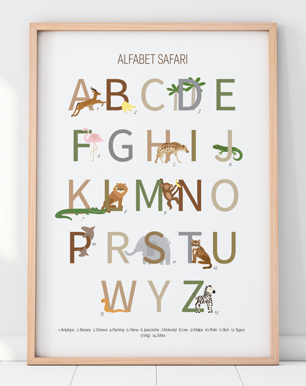 obrazy i plakaty do pokoju dziecięcego Alfabet Safari - Plakat edukacyjny Safari Literki
