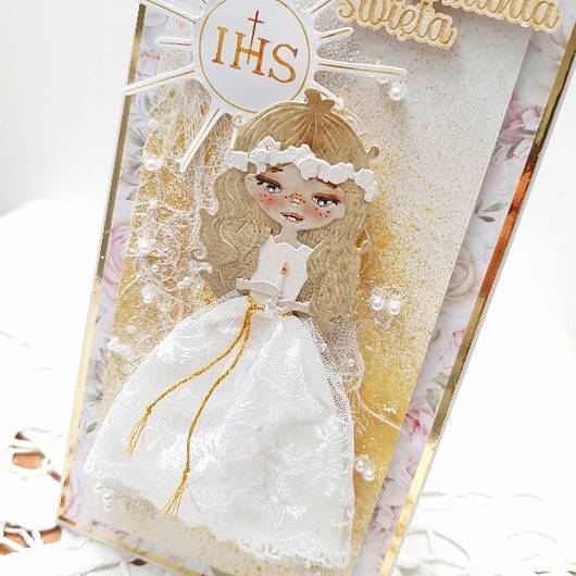 kartki scrapbooking Pamiątka komunijna w pudełku