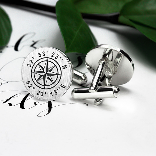 spinki do mankietów KOMPAS - okrągłe srebrne spinki do mankietów