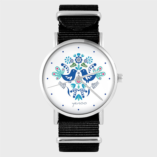 zegarki damskie Zegarek - Ptaki folkowe, niebieskie - czarny