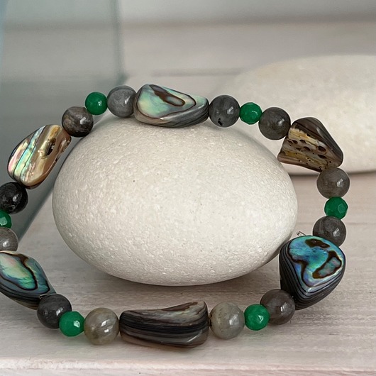 bransoletki z kamieni naturalnych BRANSOLETKA - AMULET - Macica perłowa, kamień księżycowy,jadeit
