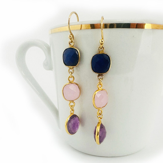 kolczyki z kamieniami SPARKLE IN PINK- róż fiolet, kolczyki ametyst, srebro pozłacane