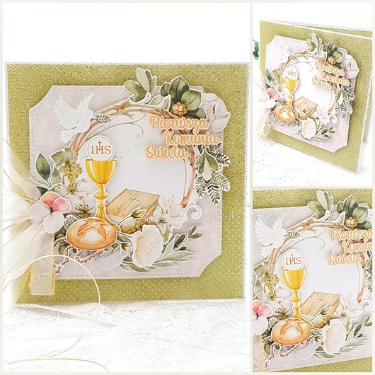 kartki scrapbooking Kartka komunijna z koronką