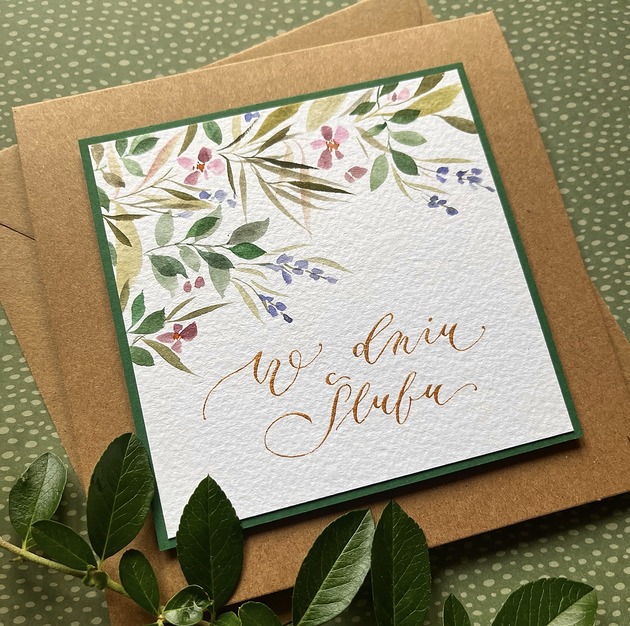 kartki scrapbooking Kartka ślubna ręcznie malowana i kaligrafowana leśne barwy