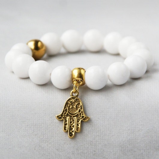 biały jadeit PURE WHITE & złota hamsa kaktusia