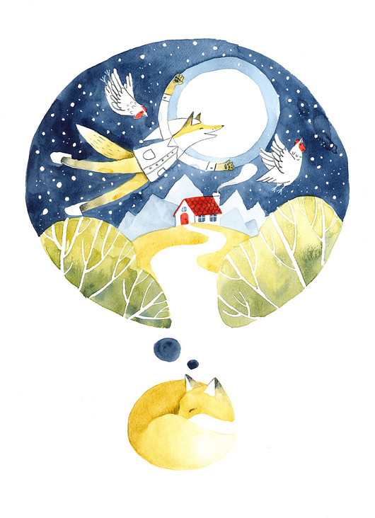 Śpiący lis - ilustracja oryginalna 30x40 cm Czary Malary