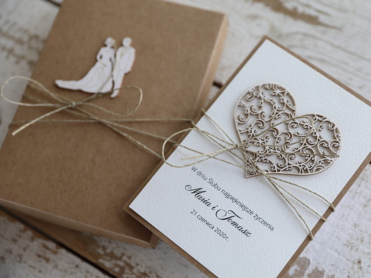 zaproszenia i kartki na ślub Oryginalna kartka ślubna ręcznie robiona serce z zawijaskami
