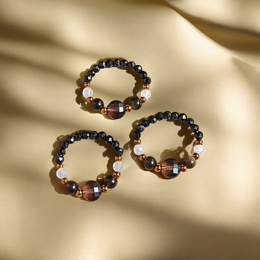 pierścionki elastyczne OCHRONA - pierścionek - turmalin, obsydian, kwarc dymny, kryształ górski