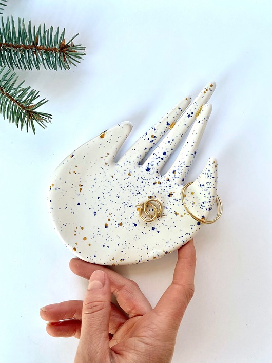 pojemniki na biżuterię Ceramiczna Podstawka  na Biżuterię Niebiesko Złote Ciapki