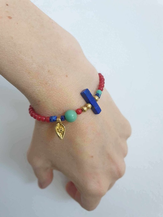 bransoletki z kamieni naturalnych Bransoletka  ANTYK EDFU  koral, turkus, lapis lazuli mosiądz