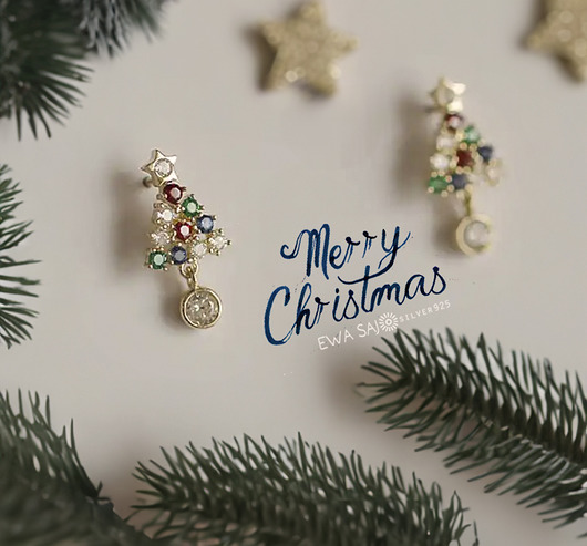 kolczyki srebrne Świąteczne kolczyki srebrne z choinką + ball