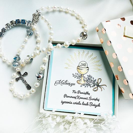 Różaniec z imieniem, perły prezent KOMUNIA Anemon Atelier