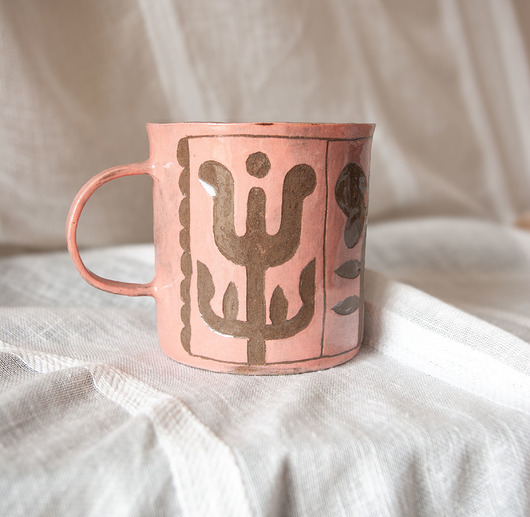 kubki Duży Różowy Kubek Ceramiczny w Stylu Vintage - Sgraffito, Ceramika