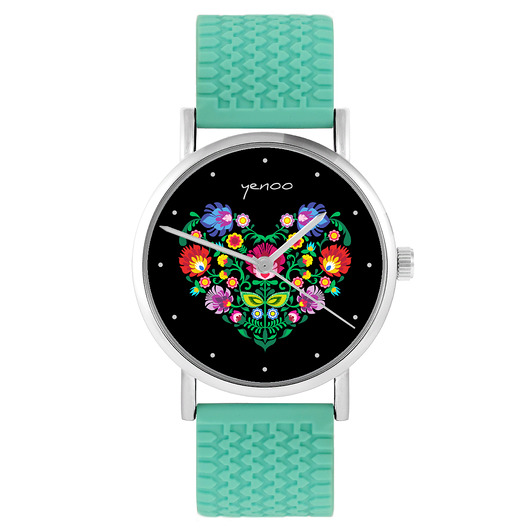 zegarki damskie Zegarek - Folkowe serce, czarne - silikonowy, turkus