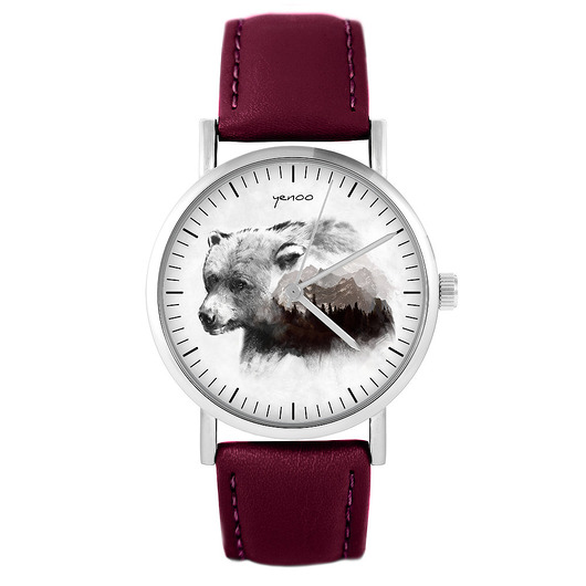 zegarki unisex Zegarek - Niedźwiedź - skórzany, burgund