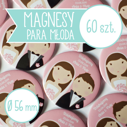 60 szt. magnesy ślubne Młoda Para 56 mm inkipinki