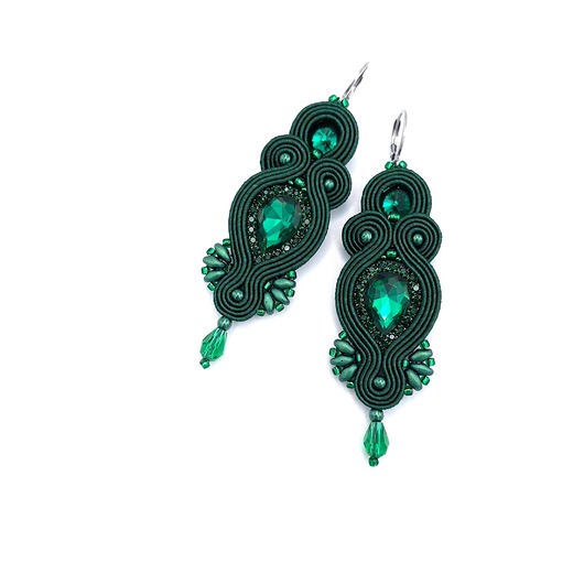kolczyki soutache Kolczyki sutasz zielone "Orina" długie wiszące wieczorowe z kryształami