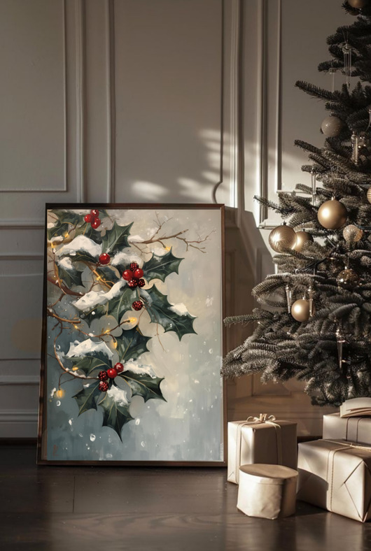 plakaty PLAKAT świąteczny ostrokrzew vintage grafika dekoracja