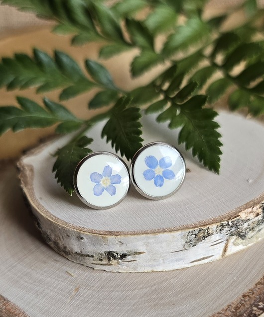 kolczyki z żywicy Kolczyki z kwiatami niezapominajkami srebrne