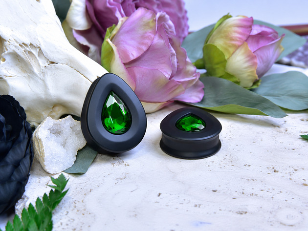 biżuteria różna Tunele do uszu łezki 10-100mm ze szklanym kryształkiem #005 Grass green
