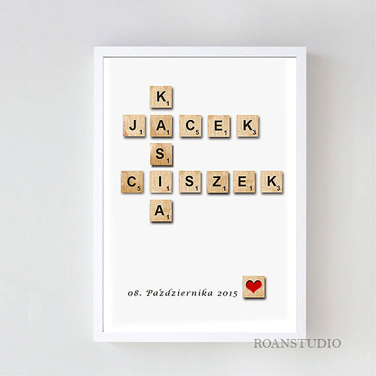 Typograficzny plakat w ramce scrabble ślub imona Roan Studio