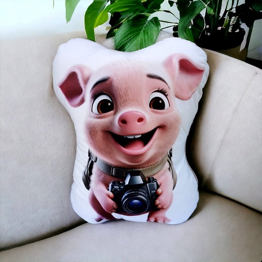 poduszki z grafiką Poduszka świnka fotograf przytulanka świnka maskotka ze świnką
