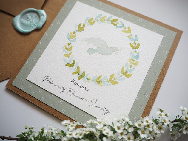 kartki scrapbooking Kartka na komunię Gołąbek Kwadrat