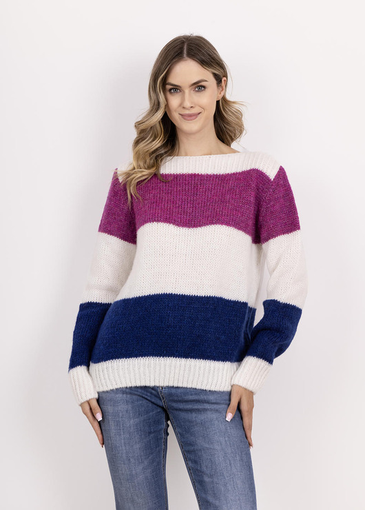 swetry damskie  Sweter w szerokie, kontrastowe pasy - SWE290 ecru/kobalt/fuksja MKM