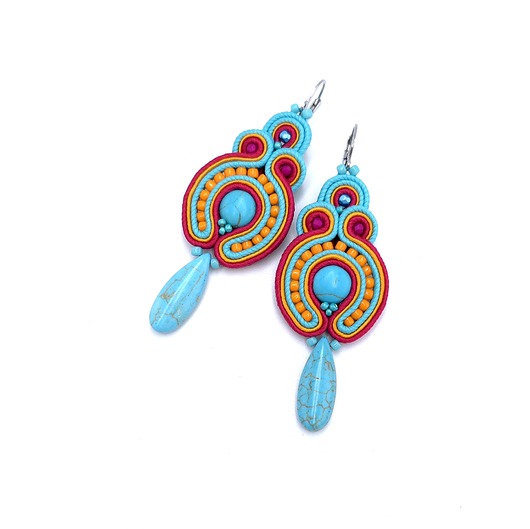 kolczyki soutache Kolczyki sutasz z howlitami turkusowo pomarańczowo fuksjowe Etno