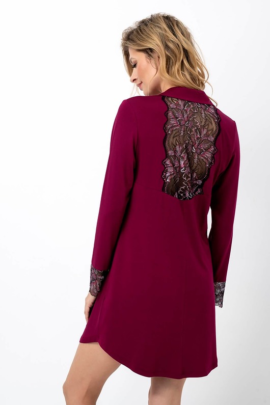 piżamy damskie KOSZULA NOCNA NA GUZIKI z koronką na plecach - żurawina