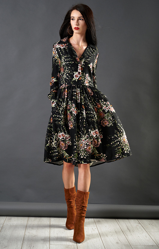 sukienki midi damskie Czarna sukienka w kwiaty PALOMA