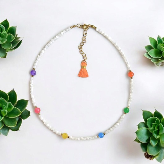 chokery Choker : muszla biała i kolorowy jadeit : summer collection