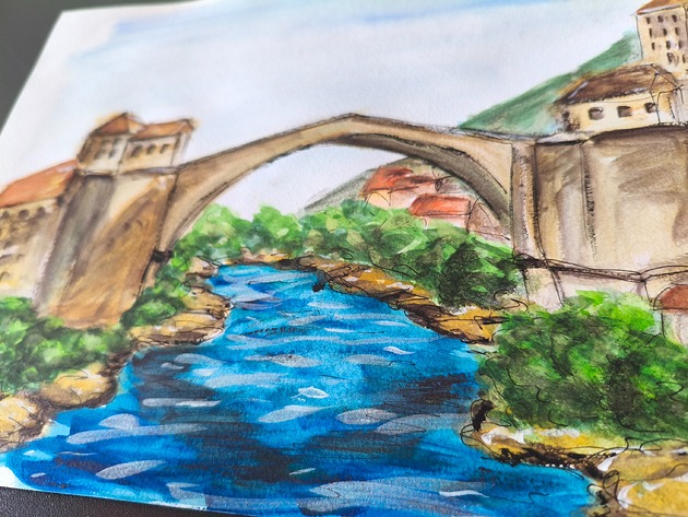 grafiki i ilustracje Mostar miasto most Bośnia pejzaż rzeka obraz akwarela 21x30