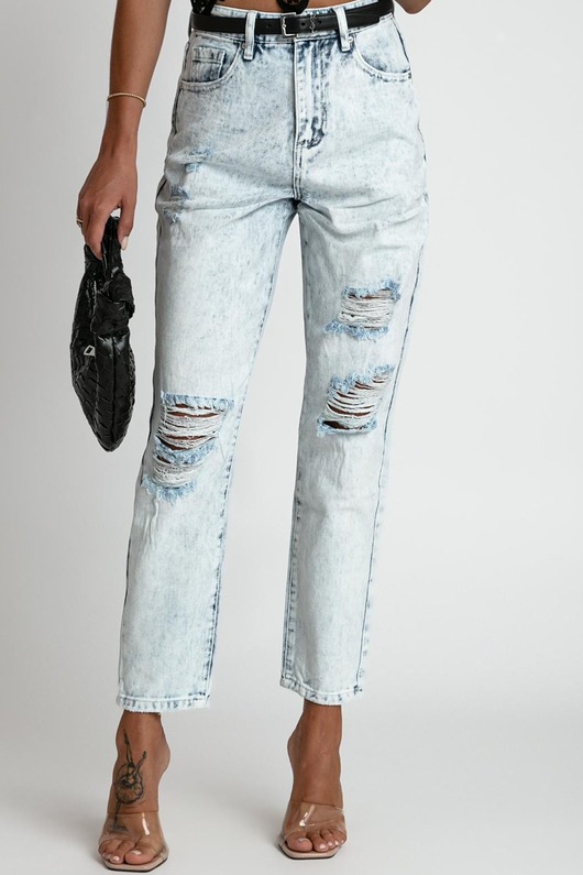 spodnie materiałowe damskie Damskie Spodnie Jeansowe z Przetarciami, Mom Jeans, Dziurawe jeansy