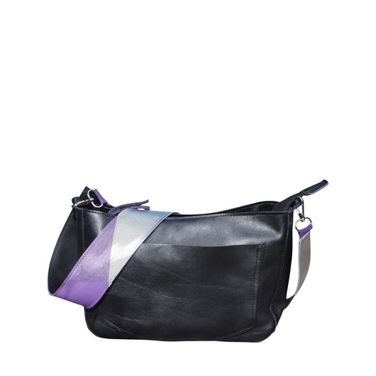 torby na ramię Czarna skórzana listonoszka z szerokim kolorowym  paskiem