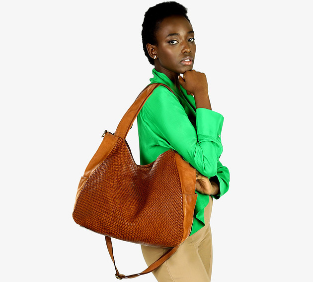 torby na ramię Torba damska shopper ze skóry plecionej - MARCO MAZZINI brąz camel